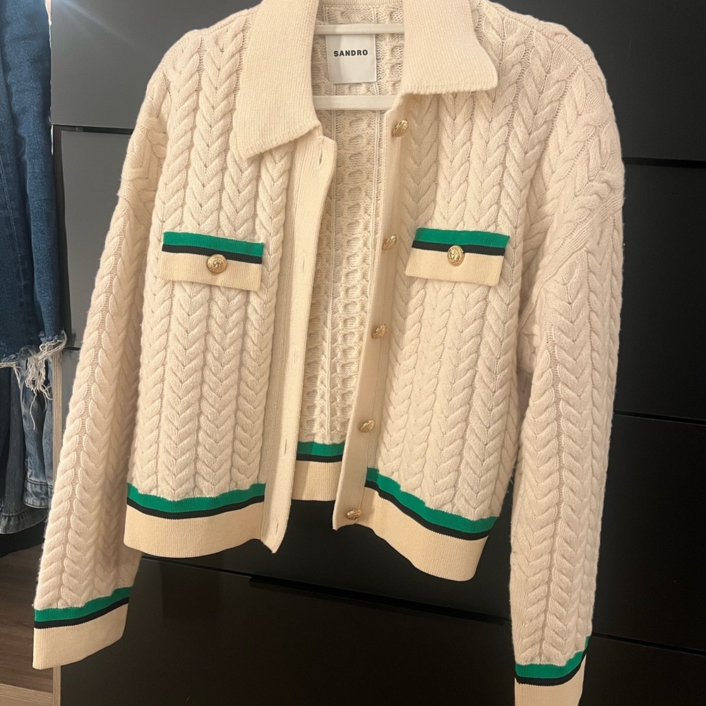 Sandro Cable Top Contrasting Long Sleeve Knit Cardigan Top for Women